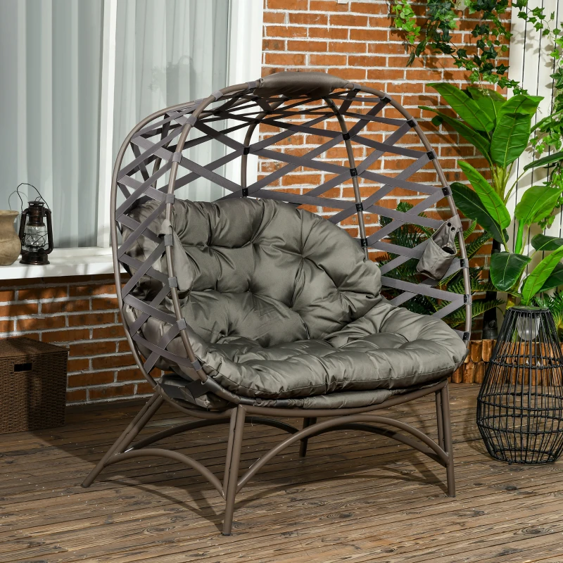 Outsunny 2 Seater Egg Chair Outdoor, Folding Weave Garden Furniture Chair with Cushion, Cup Pockets - Sand Brown