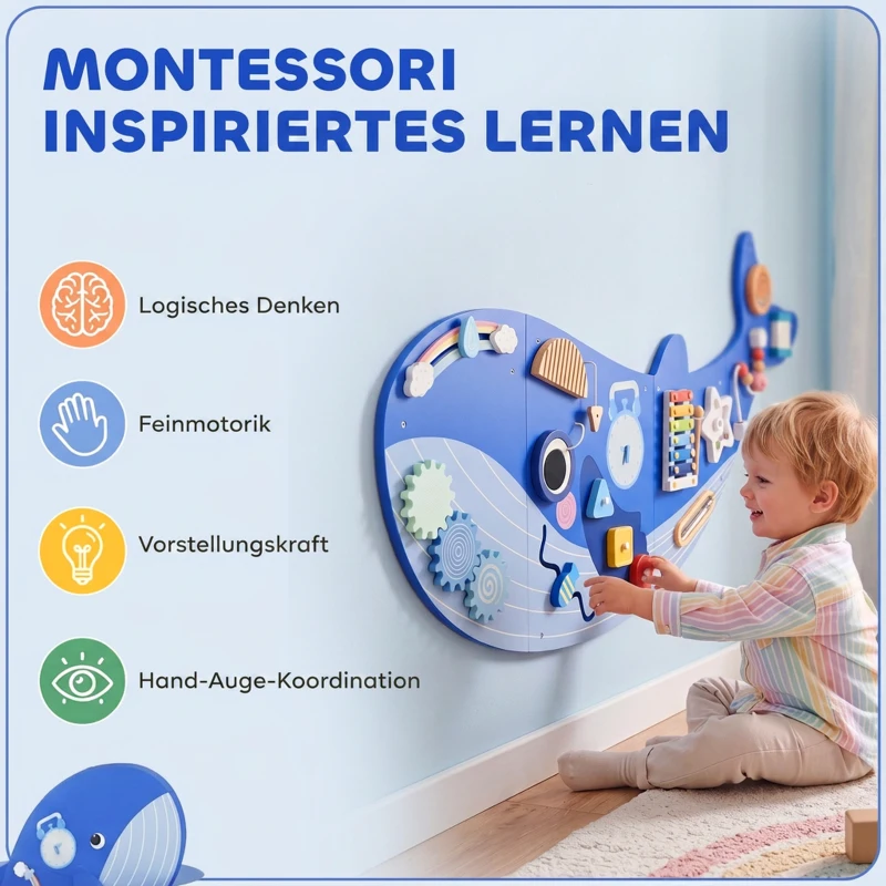 AIYAPLAY Montessori Motoriekbord 13-in-1 van Hout in Walvorm - Busy Board met Xylofoon, Klok en Tandwielen