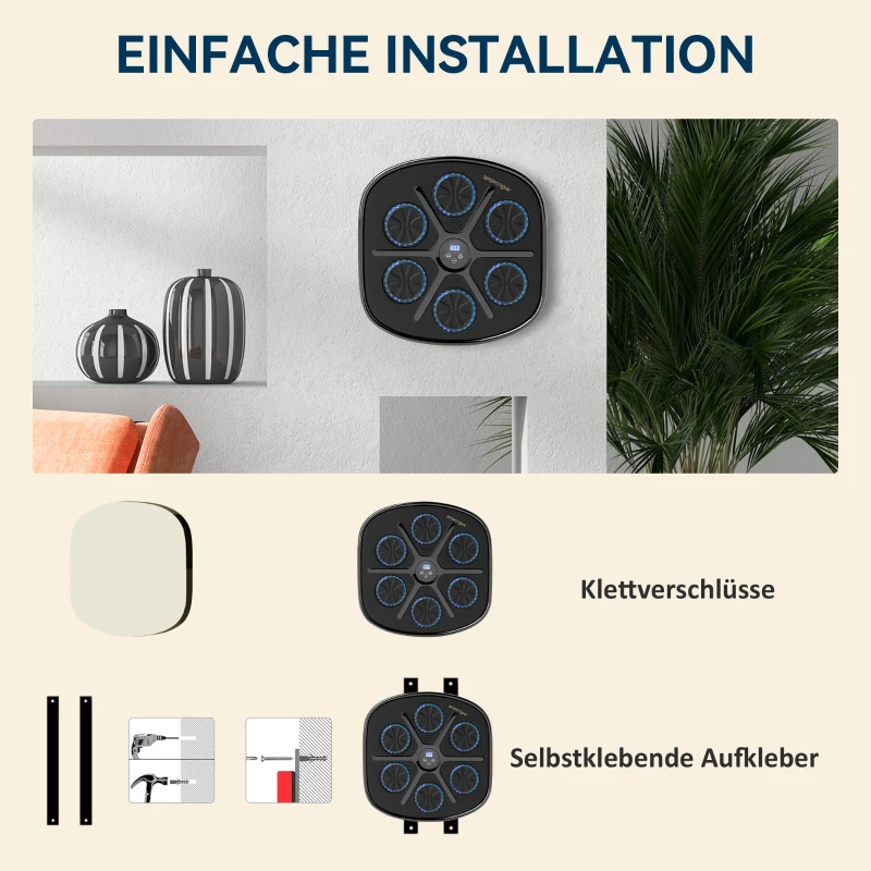 SPORTNOW Muziek Boks Machine, Ritmisch Boksapparaat, 9 Modi, Bluetooth, LED-Lichten, met Bokshandschoenen, Zwart