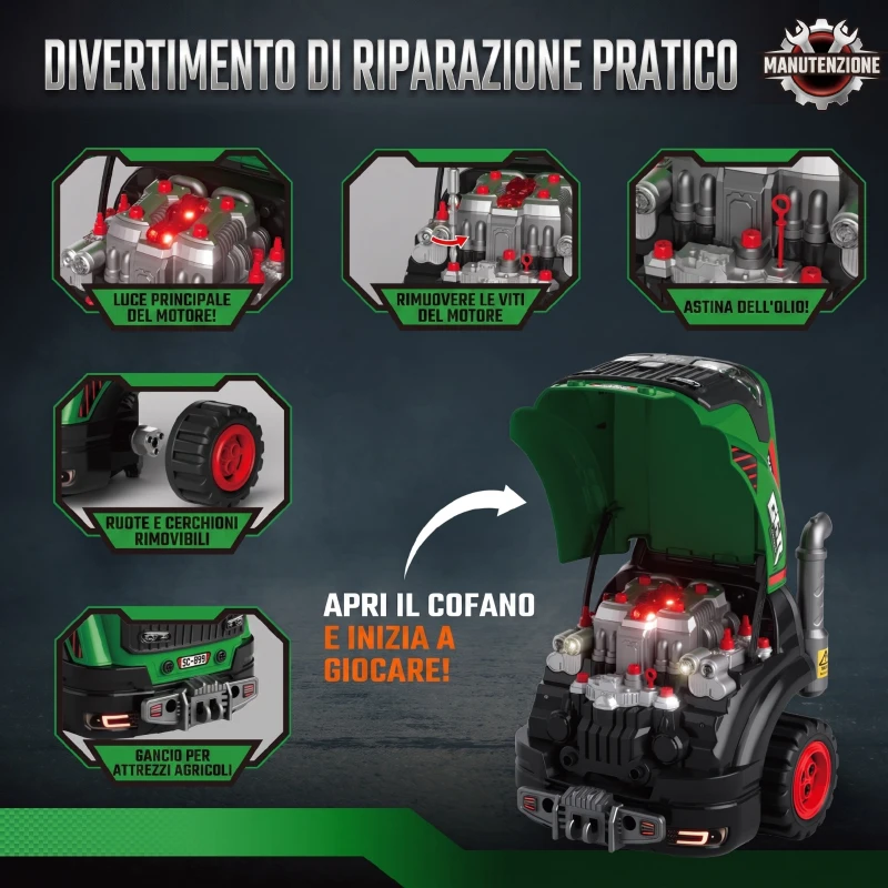 AIYAPLAY Officina Camion Giocattolo per Bambini 3-6 Anni con Motore e 60 Accessori, Ruote, Luci, Vapore, Suoni, Verde