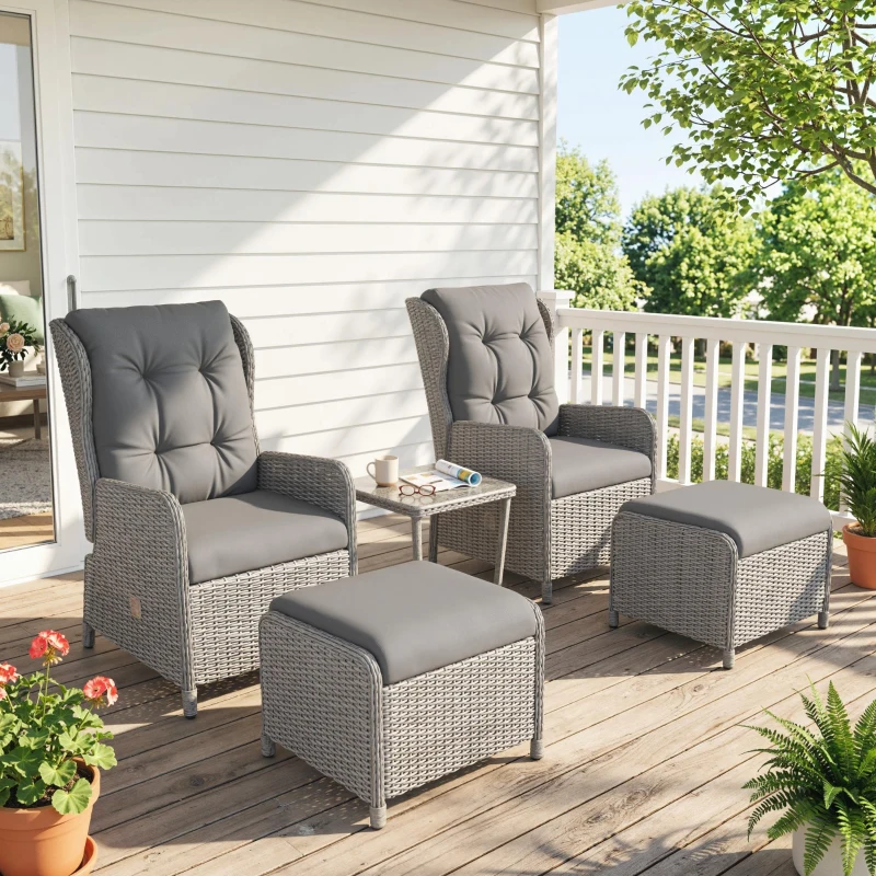 Outsunny 5 Pieces Rattan Bistro Set with Adjustable Back, Reclining Wicker Balcony Furniture with Cushions, Glass Top Coffee Table and Footstools, Outdoor Table and Chairs, Light Grey