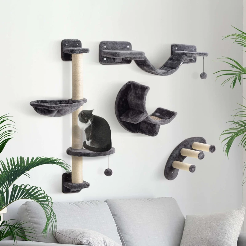 PawHut Four-Piece Cat Wall Furniture, with Hammock, Ladder, Platforms, Steps, for Indoor Use - Dark Grey