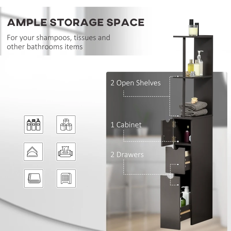 HOMCOM Tall Bathroom Cabinet, Freestanding Slim Bathroom Storage Cabinet with 2-Tier Open Shelf and 2 Drawers for Small Space, Narrow Cupboard Storage Unit, Brown