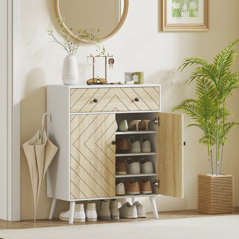 HOMCOM Zapatero Entrada Recibidor con 2 Puertas Estantes Ajustables Cajón para 12 Pares de Zapatos 75x35x97 cm Blanco y Natural