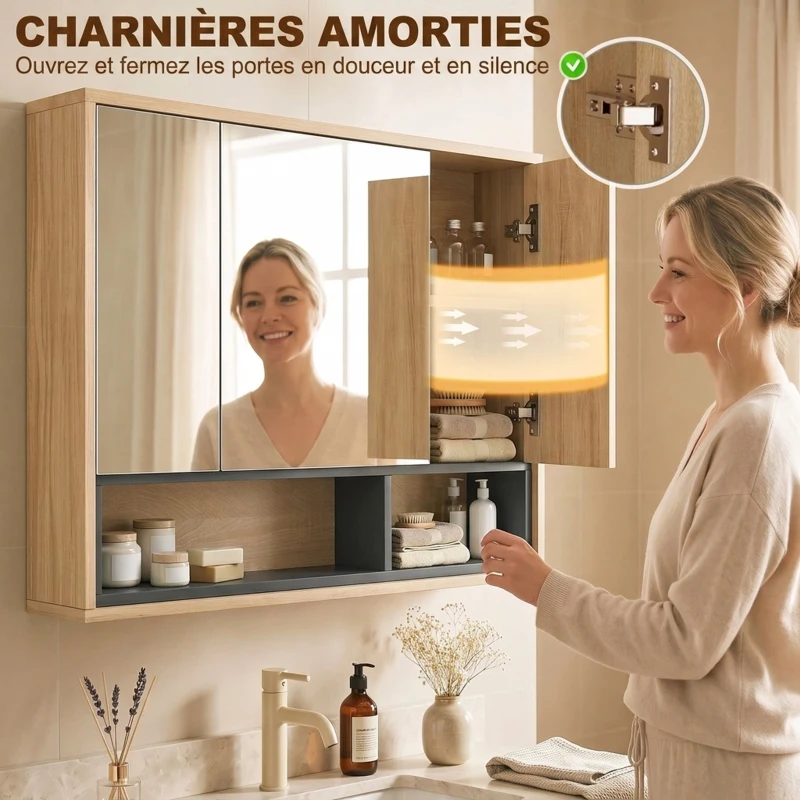 HOMCOM Meuble salle de bain avec miroir, armoire toilettes murale avec placards à 3 portes et 8 compartiments, chêne