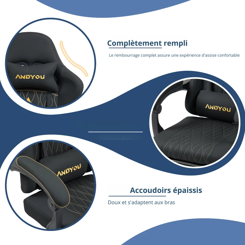 Fauteuil gaming avec repose-pieds, coussin doux pour la nuque et les lombaires, coussin de soutien amovible, 60x60x122 cm, Noir