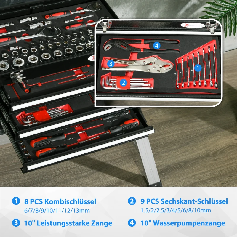DURHAND Werkzeugkist met 116-delige gereedschapset, verrijdbaar, afsluitbaar, stalen behuizing, 45 x 24 x 27 cm, Zwart
