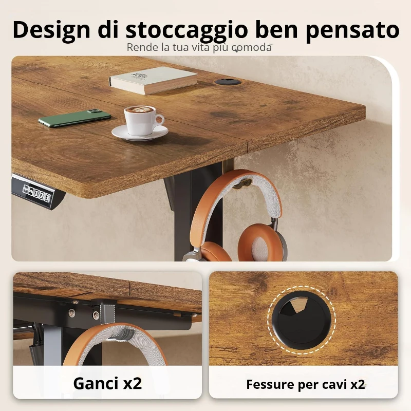 Scrivania elettrica regolabile in altezza, 3 impostazioni memoria, sistema anti-collisione, 160x70,2x72,2-118 cm, Marrone