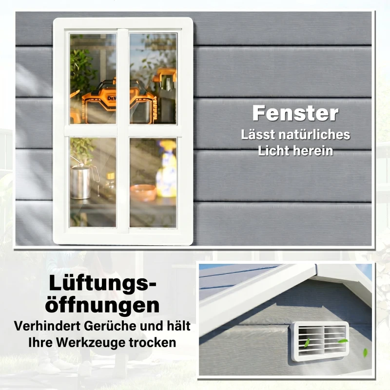Outsunny Metalen Tuinschuur, afsluitbaar, Dubbele Deur, Raam, Aluminiumframe, 1,80 x 1,30 x 2,10 m, Grijs