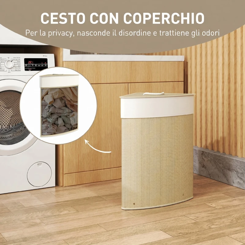 HOMCOM Cesto Portabiancheria Angolare da 55L con Sacco Estraibile e Coperchio Removibile, in Bambù, 35x35x60 cm, Color Legno