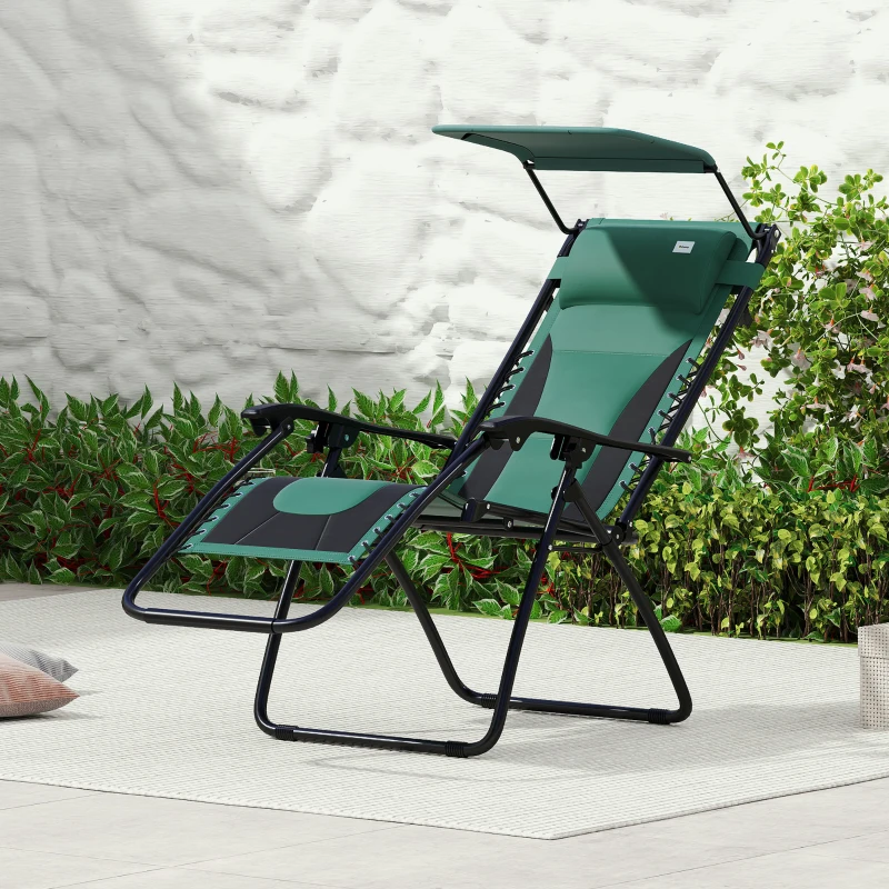 Outsunny Zero Gravity Lounger Chair, Folding Reclining Patio Chair with Shade Cover, Padded Seat, Cup Holder, Soft Cushion and Headrest for Poolside, Camping, Green