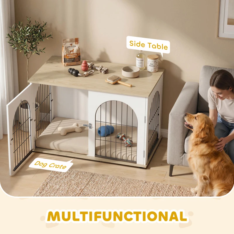 PawHut Dog Crate Furniture, Indoor Dog Cage with Double Doors for Large Breeds, Pet Kennel End Side Table