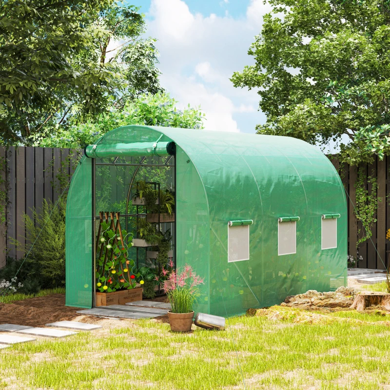 Outsunny Polytunnelkas met kunststof hoes en stalen frame, begaanbare kas met oprolbare deuren, Groen