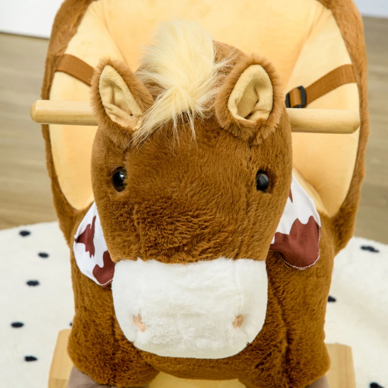 HOMCOM Cavallo a Dondolo per Bambini da 18-36 Mesi con Suoni Realistici, 60x33x50 cm, Marrone e color Legno