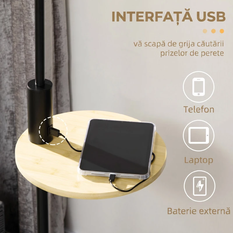HOMCOM Lampă de Podea din Bambus cu Raft Integrat, Neagră și Bej