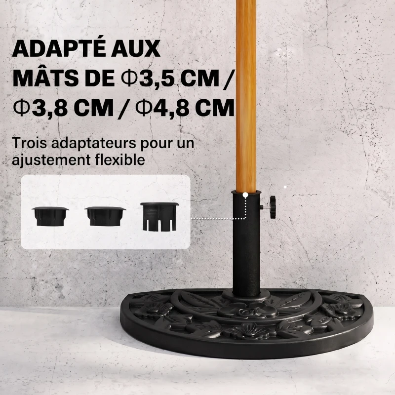 Outsunny Pied de demi-parasol demi-pied socle de parasol base de lestage ciment HDPE motif fleurs cannulation pour parasols Ø 35, 38 et 48 mm noir