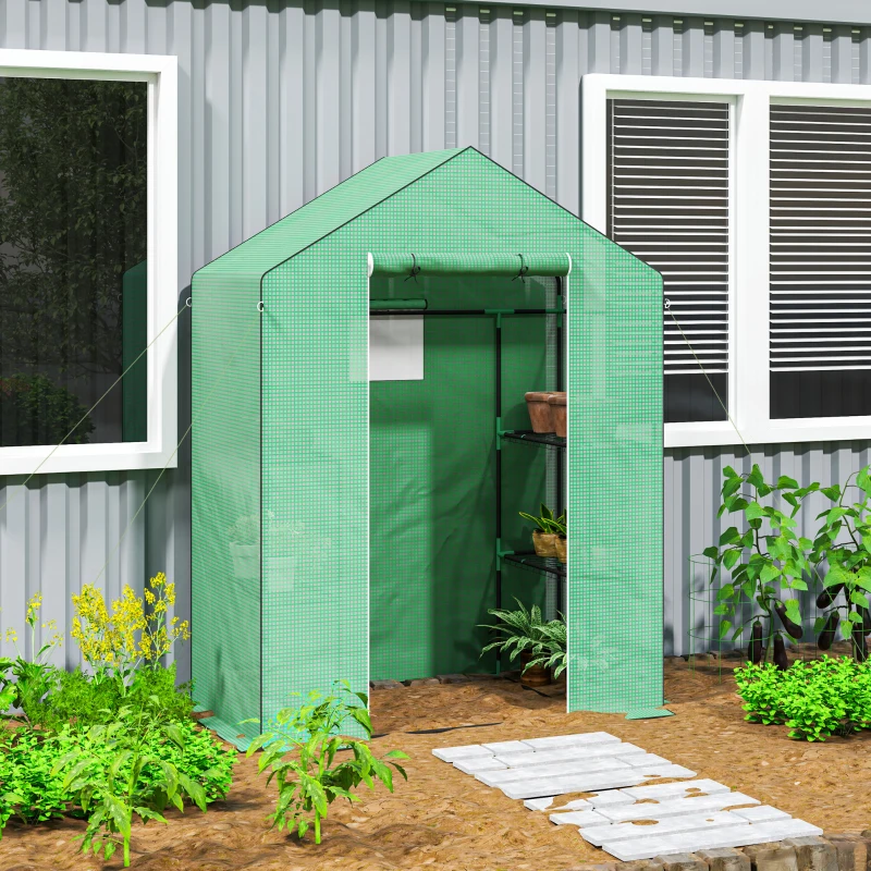 Outsunny Kas met Schappen, Mini-Kas, UV-bestendig, Netramen, Ritssluitingdeur, 143L x 74B x 190H cm, Groen