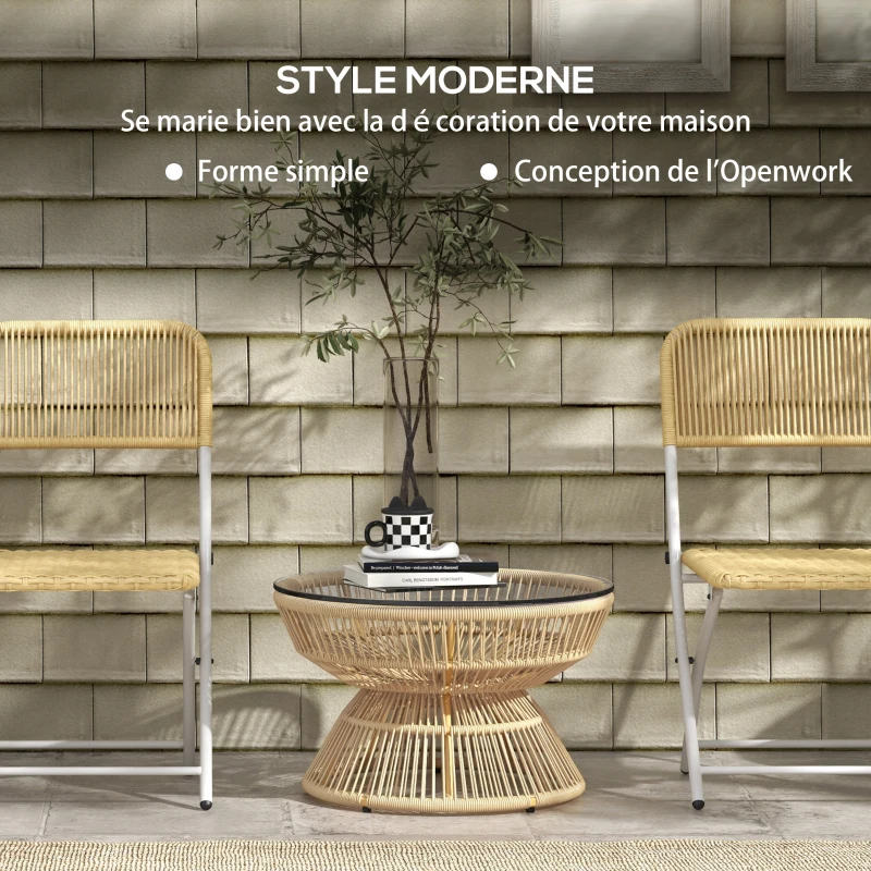 Outsunny Table basse de jardin ronde, table d'appoint en résine aspect rotin et plateau verre trempé Ø60 x 37H cm