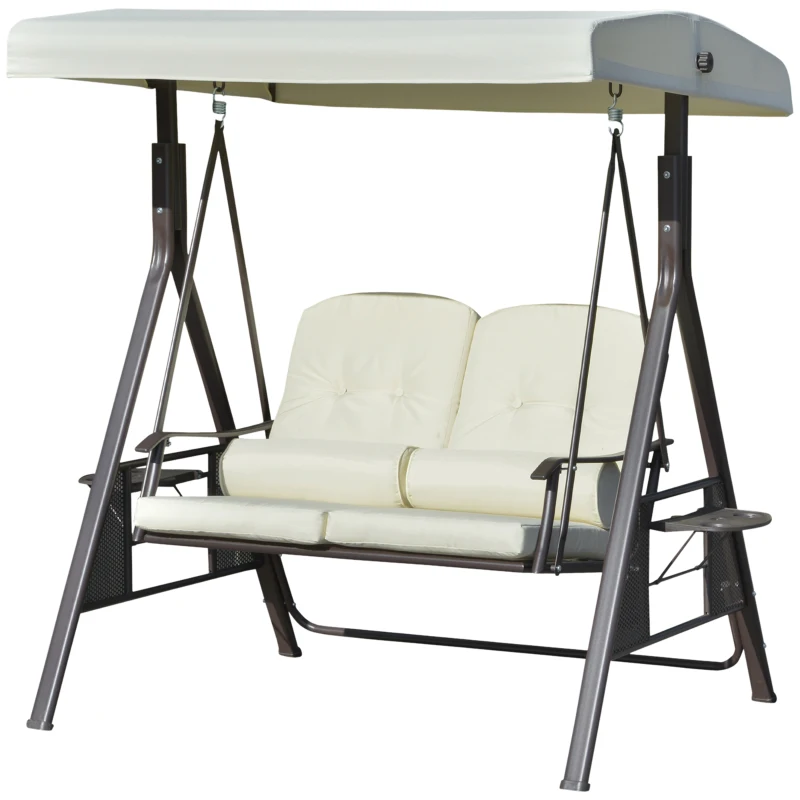 Outsunny 2-zits tuinschommelstoel met luifel Kussenblad Metaal Polyester Beige 162 x 118 x 173 cm