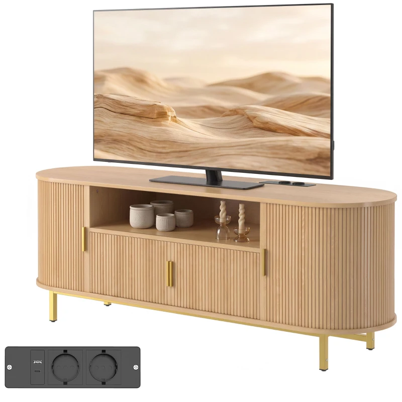HOMCOM Comodă TV 140 cm cu 2 prize și 2 porturi, Comodă pentru 213,4 cm, 2 uși batante, 2 uși glisante, stejar