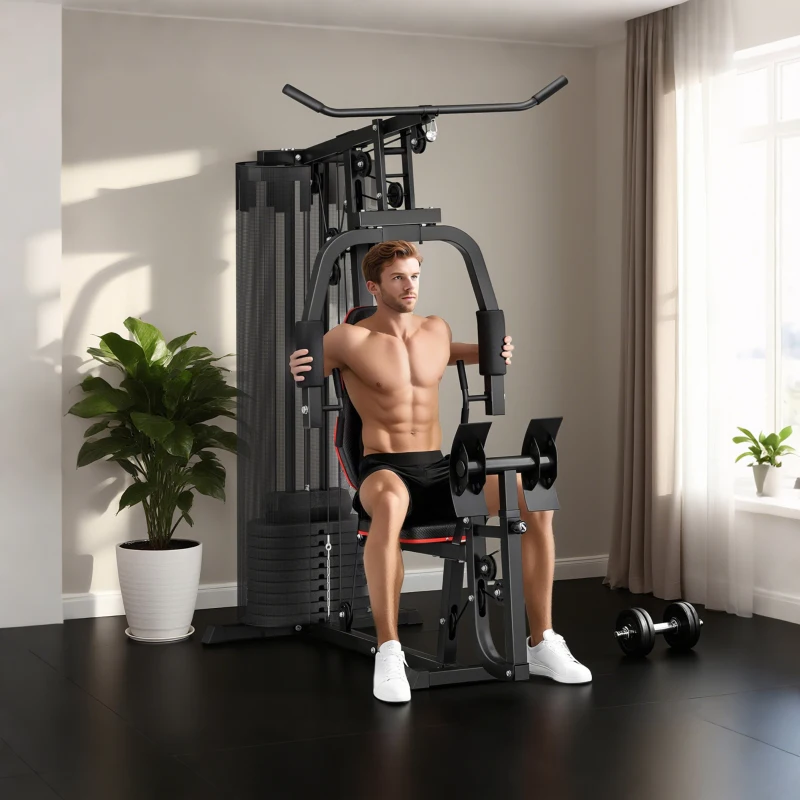 SPORTNOW Thuis Fitnessstation met 45 kg Gewichtsblokken, Lat Pulley, Borststation, Beinpresse voor Veelzijdige Training