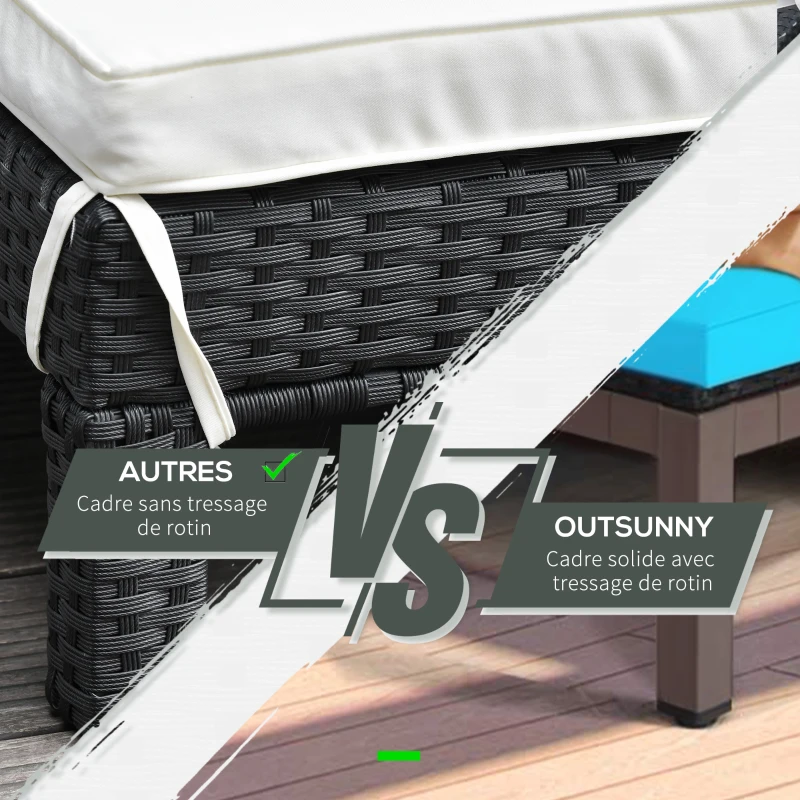 Outsunny Bain de soleil transat 2 places - grand confort - dossier inclinable multi-positions - matelas fournis crème - résine tressée 4 fils noir