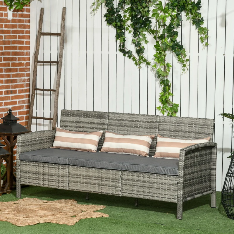 Outsunny Divanetto da Esterno 3 Posti in Rattan PE, Divano da Esterno con Cuscini Imbottiti e Removibili, per Terrazzo, Patio e Giardino, 173x68x78 cm, Grigio
