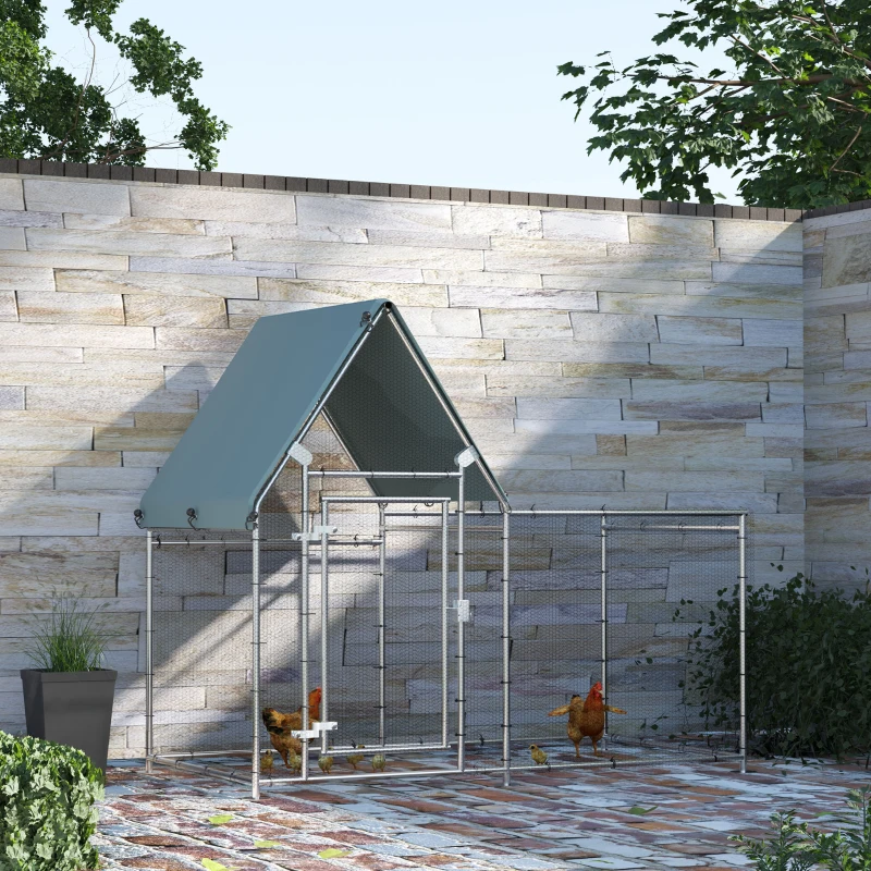 PawHut Gallinero de Exterior Grande 2x1,05x1,72 m con Tejado de Tela Oxford Jaula de Acero Galvanizado para Gallinas Conejos Aves de Corral con Cerradura Plata