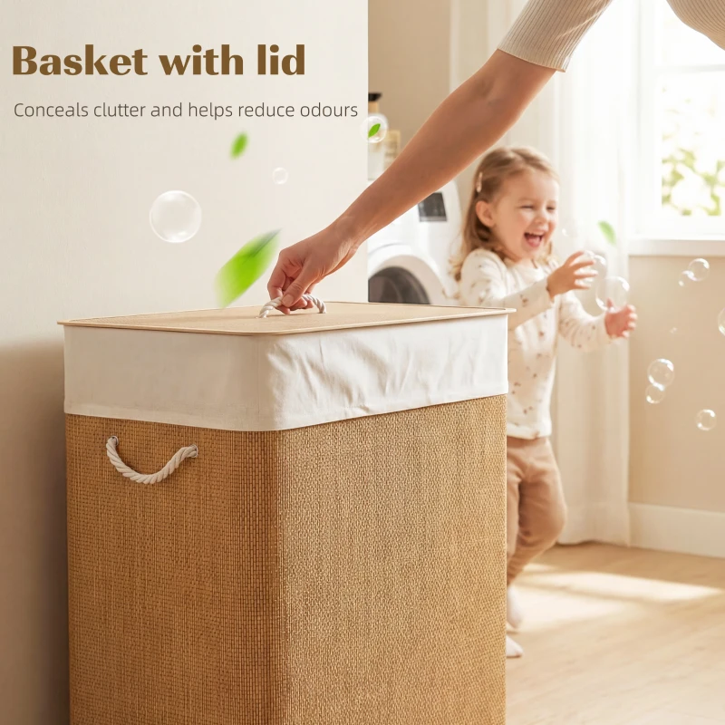 HOMCOM 2 Section Laundry Basket with Lid, 100L Bamboo Laundry Hamper with Handles, Removable and Washable Liner, Brown