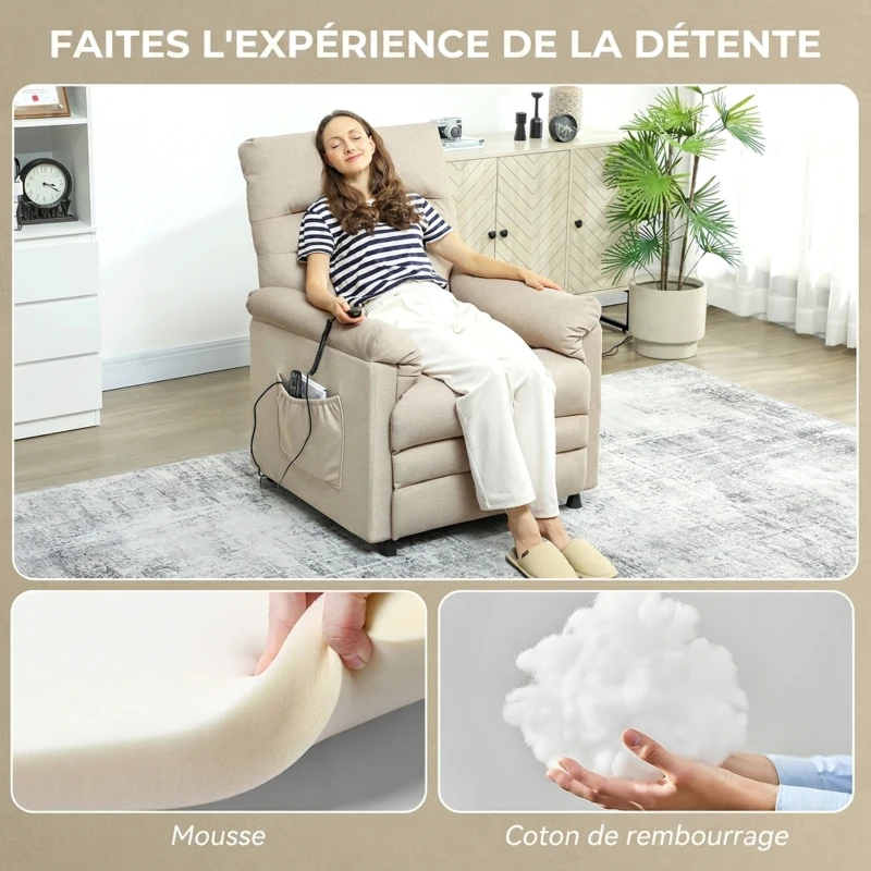 HOMCOM Fauteuil Relax Électrique Massant et Chauffant en Velours, Ultra Silencieux, Inclinable, Port USB, 82x99x106cm, Beige