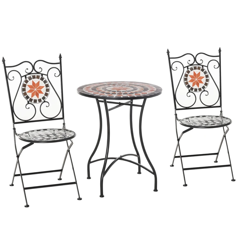 Zitgroep voor in de tuin 3-delige mozaïektafel + 2 opklapbare metalen stoelen