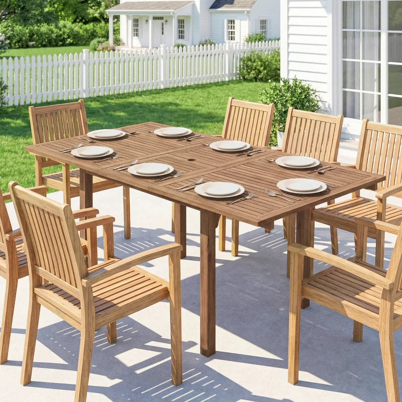 Outsunny Extending Garden Table, Outdoor Dining Table for 6-8 with Acacia Wood Slatted Tabletop for Balcony Porch