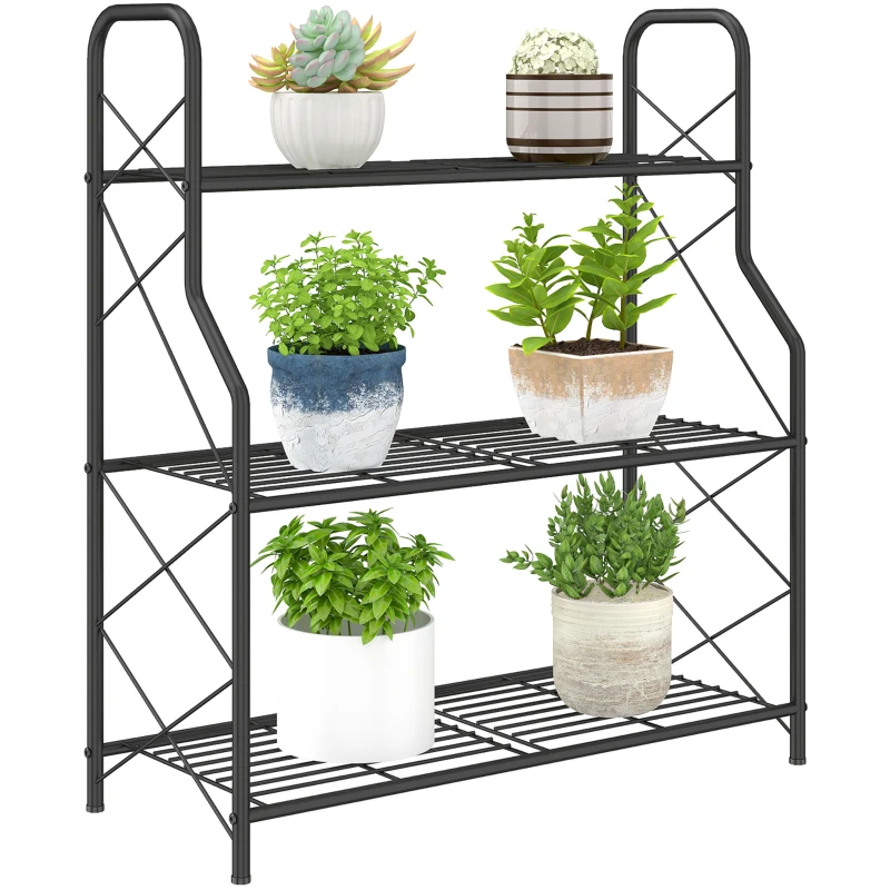 Outsunny 3-laags plantenrek, 78 cm hoog bloemenrek met handgrepen, metalen plantenstandaard zwart