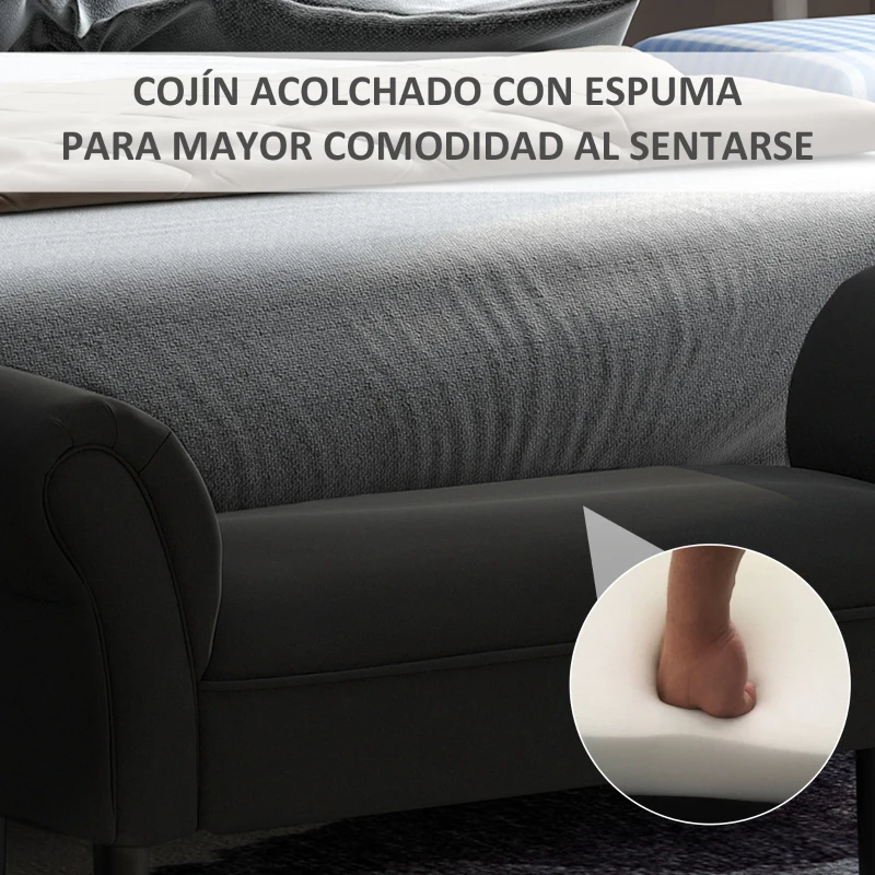 HOMCOM Banco Pie de Cama, Taburete Pie de Cama Tapizado en Lona con Patas de Madera, Reposabrazos y Asiento Acolchado, Estilo Moderno, Banco para Dormitorio, Entrada, Pasillo, Negro