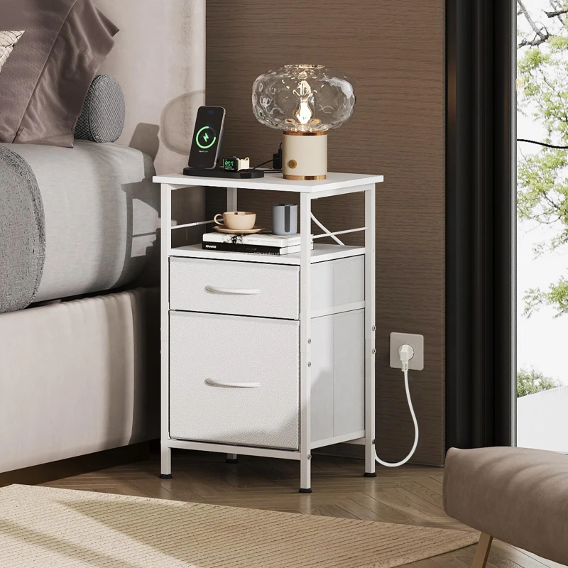 Table de chevet avec fonction de charge, grand espace de rangement, convient pour chambre à coucher, salon et bureau, 39,8x29,8x64,2 cm, Blanc