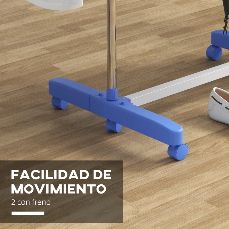 HOMCOM Tendedero Vertical de 3 Niveles con 6 Ruedas 2 Laterales Abatibles Estantes Ajustables y Marco de Acero Inoxidable Azul
