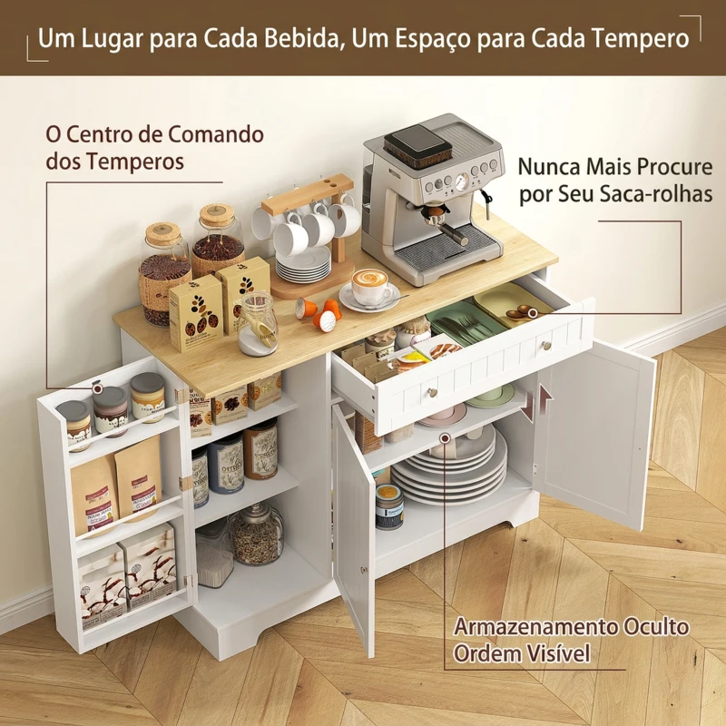 HOMCOM Aparador de Cozinha 3 Prateleiras com Porta Gaveta Prateleiras Ajustáveis para Sala de Jantar 105x40x83 cm Branco