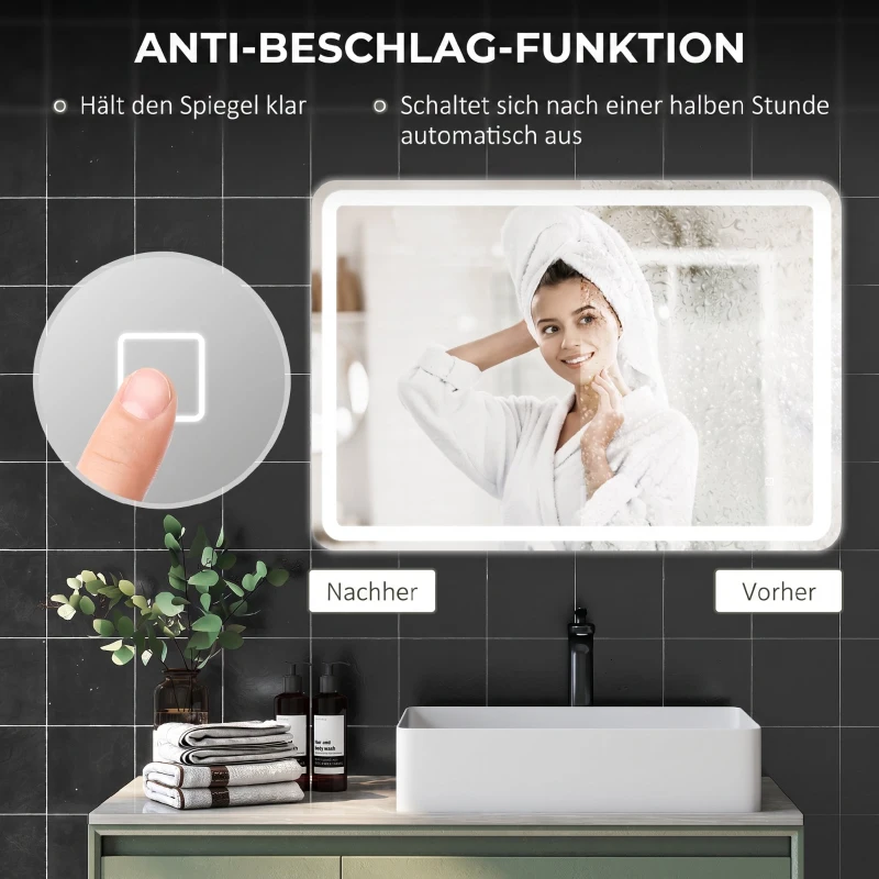 HOMCOM Verlichte badkamerspiegel met touchbediening, anti-condens, dimbaar, 3 lichtkleuren, 70 x 100 cm, zilver