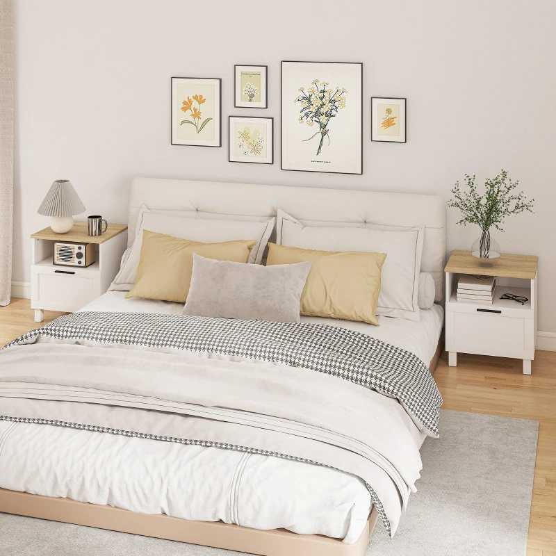 HOMCOM Conjunto de 2 Mesas de Cabeceira Modernas com Gaveta Compartimento Aberto Pés de Madeira 45x38x50 cm Branco