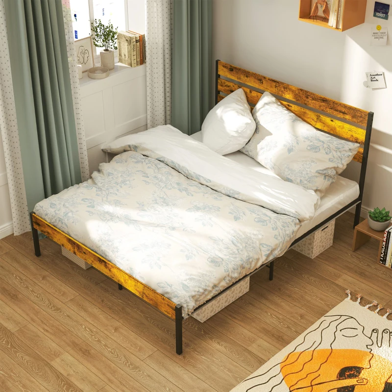HOMCOM Cadre de lit double en acier avec sommier et tête de lit compatible matelas 160 x 200 cm, style industriel