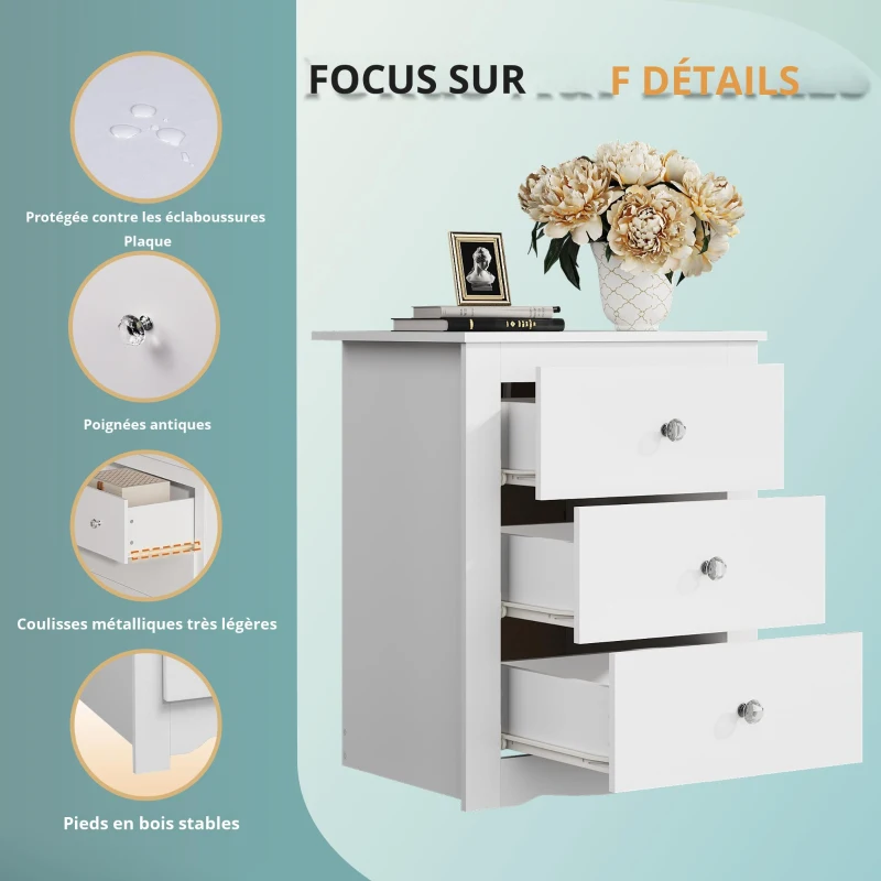 Table de chevet avec 3 tiroirs, station de charge intégrée, design rustique moderne, 46,5x39,6x58,7 cm, blanc