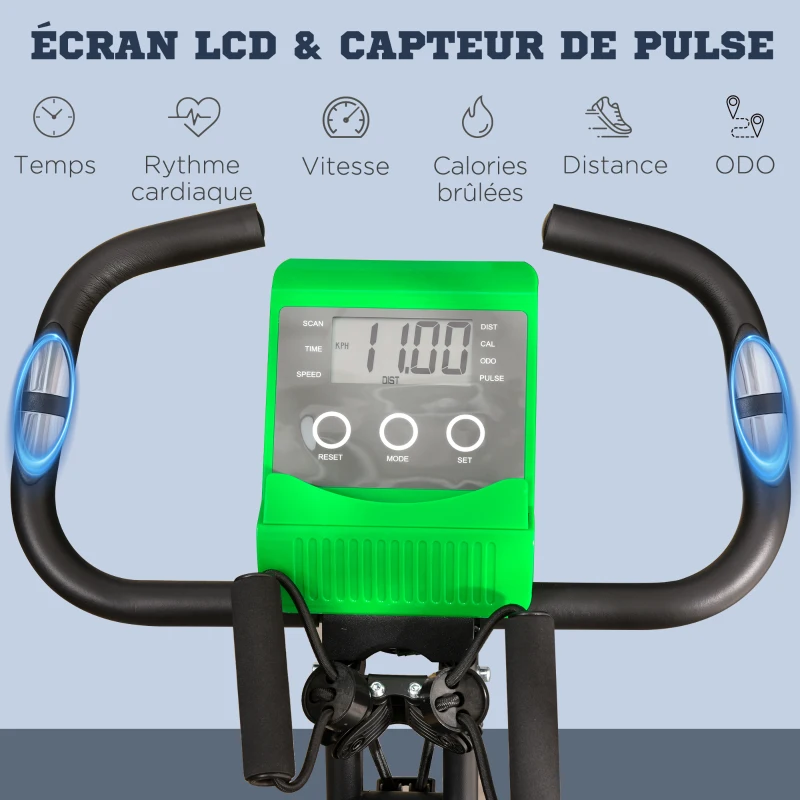 HOMCOM Vélo d'Appartement Pliable 4-en-1 - Ergomètre Magnétique Silencieux avec Cordes de Résistance - Sport Maison et Cardio-training avec Roulettes, Selle Confort et LCD (Max 120kg), Vert