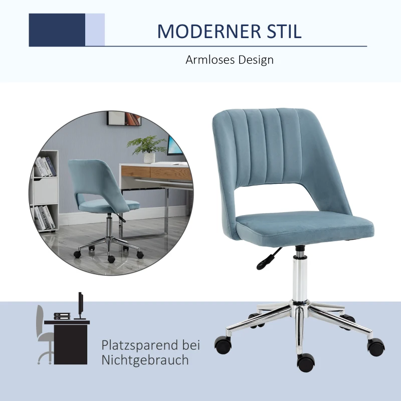 Vinsetto kantoorstoel draaistoel bureaustoel in hoogte verstelbaar 360° draaibaar schelpvorm met naadlijn design schuimstof fluweelzacht polyester blauw 49 x 54 x 79-91 cm
