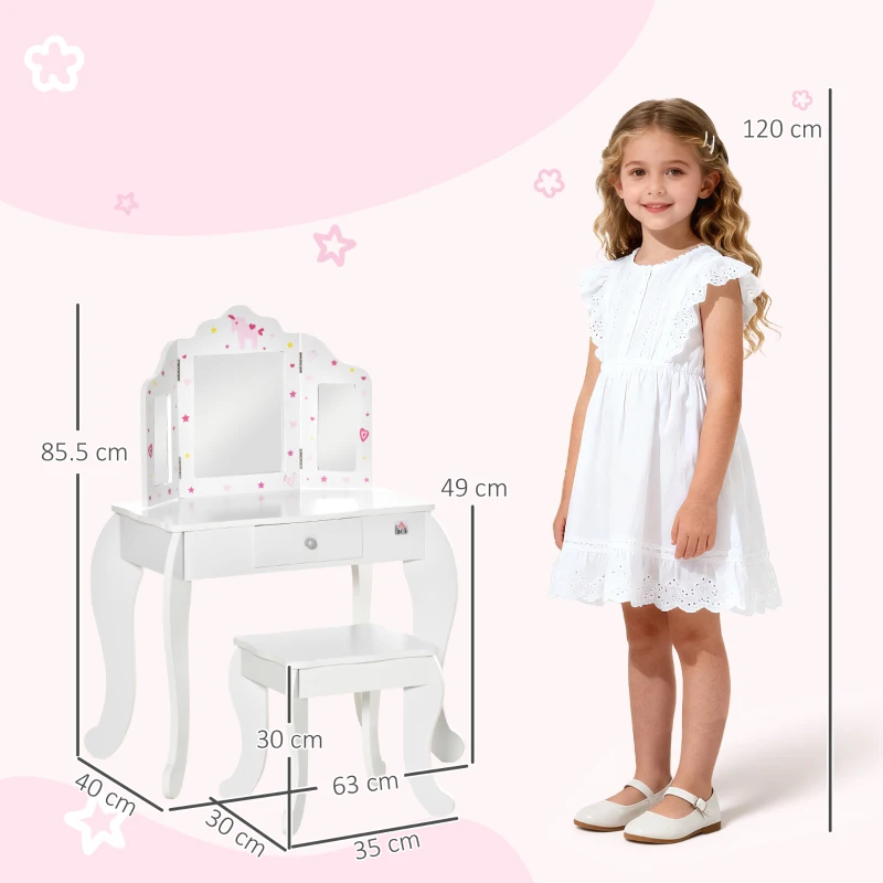 HOMCOM Toeletta per Bambini con Sgabello, Tavolo Trucco con Triplo Specchio e Cassetto, 63x40x85.5cm, Bianco