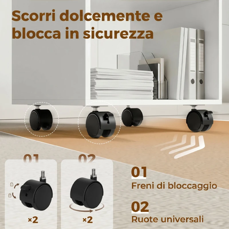 HOMCOM Mobile Porta Stampante in Legno con Ruote a Freno e 2 Scomparti Aperti, 40x35x55 cm, per Ufficio Studio, Bianco