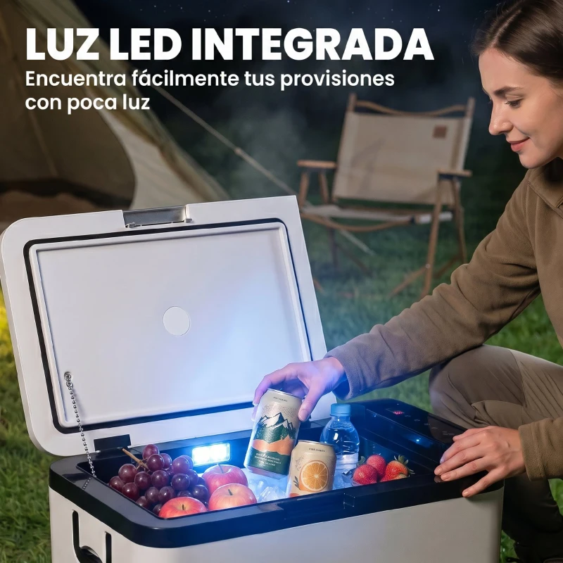 Outsunny Nevera Portátil Eléctrica 18L 12/24V hasta -20℃ Nevera y Congelador de Compresor para Coche con Doble Zona Luz LED Asas Plegables Bajo Consumo Energético para Camping 58,5x33,5x29,2 cm Blanco