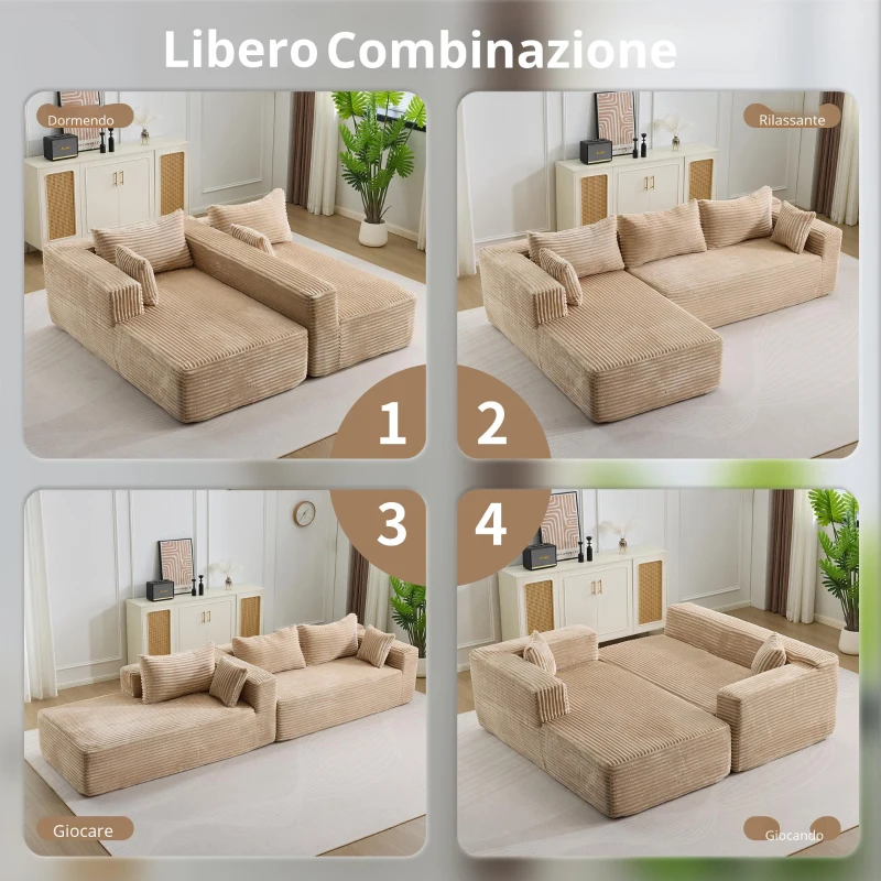 Divano angolare modulare a L con chaiselongue, design minimalista salvaspazio, seduta profonda, 279x179x83 cm, Beige