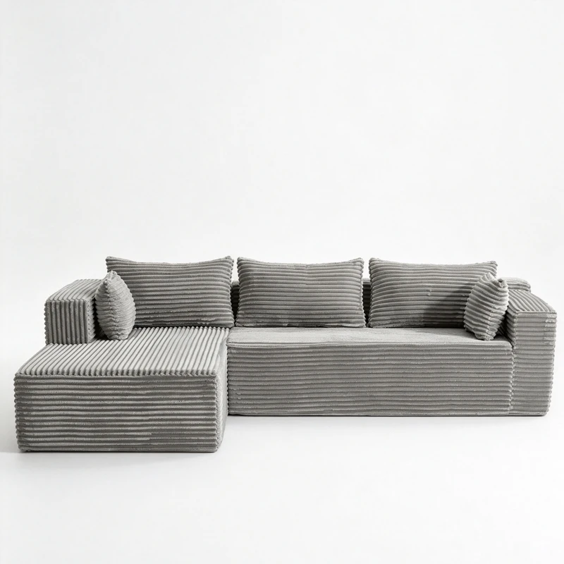 Divano angolare a L modulare con chaise longue, salvaspazio, design minimalista, seduta profonda, 279x179x83 cm, Grigio