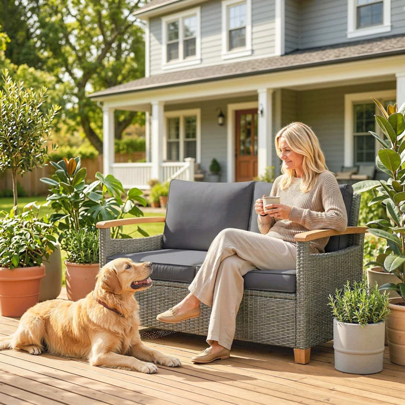 Outsunny 2 Seater Rattan Garden Sofa, Outdoor Sofa with Thickened Cushions and Acacia Wood Armrests, Dark Grey