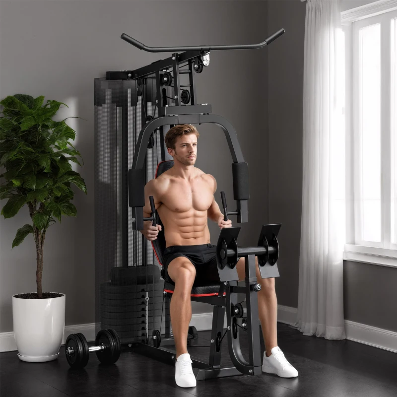 SPORTNOW Thuis Fitnessstation met 45 kg Gewichtsblokken, Lat Pulley, Borststation, Beinpresse voor Veelzijdige Training